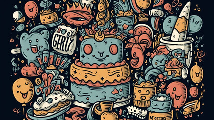 Fototapeta premium Colorful Hand-Drawn Doodles of a Cute Cartoon Cake Background - Generative AI