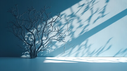 Abstract light blue background for product presentation with tree branches on the wall and artistic shadows - AI Generated