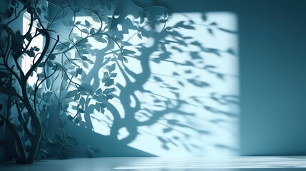 Abstract light blue background for product presentation with tree branches on the wall and artistic shadows - AI Generated