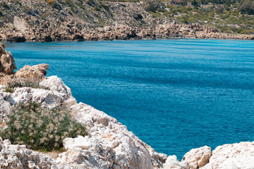 Beautiful scenery of the blue lagoon. A landscape of blue sea between rocky cliffs on the coast