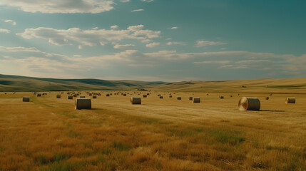 agricultural field with hay bales on a beautiful warm and bright summer day, blue sky generative ai