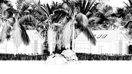house in the jungle on the river bank, sketch, outline illustration, cg render