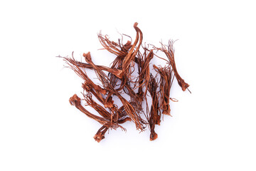 Obraz premium Dried red cotton tree flowers or Bombax ceiba flower isolated on white background , top view , flat lay.