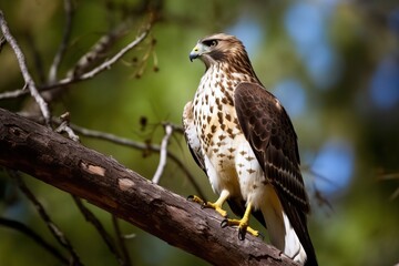 A bird of prey, such as a hawk, perched on a tree branc