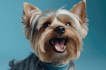 Fototapeta premium Very Happy Cheerful Dog Yorkshire Terrier On Light Blue Background. Generative AI