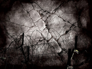 Double exposure barbed wire silhouette shadows. Describe the cruelty of war. The determination of soldiers to defend their home and country. Basemap or background use.