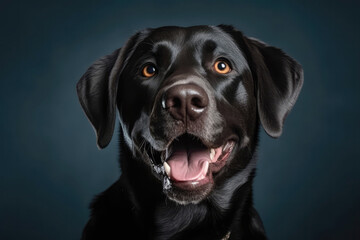 Fototapeta premium Very Happy Cheerful Dog Labrador Retriever On Light Blue Background. Generative AI