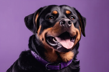 Obraz premium Very Happy Cheerful Dog Rottweiler On Light Lilac Background. Generative AI
