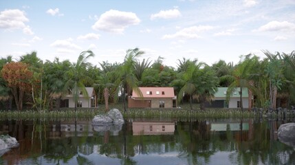 Fototapeta na wymiar house in the jungle on the river bank, 3D illustration, cg render