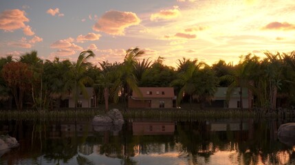 Obraz premium house in the jungle on the river bank, 3D illustration, cg render