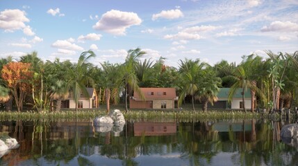 Obraz premium house in the jungle on the river bank, 3D illustration, cg render