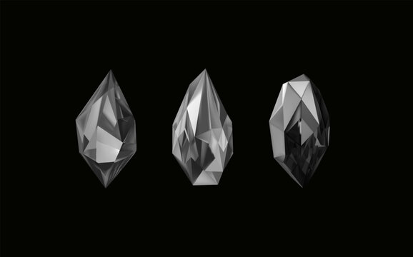 A collection of images of black diamonds of various geometric shapes and sizes.Glass shiny crystals with different shades reflecting light.Vector realistic set of glow gemstone or colorful ice.