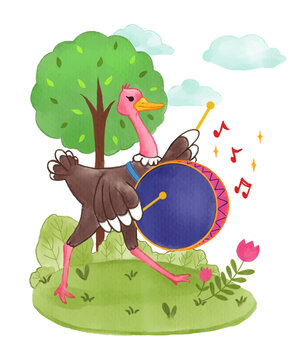 Ostrich is drumming in garden . Realistic watercolor paint with paper textured . Cartoon character design . Vector .