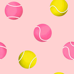 Pink and yellow ball for tennis and padel seamless pattern with pastel pink background. Summer sport activity