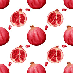 Watercolor pattern, bright pomegranate on white background. Simple pattern for paper, fabric, various food products etc.