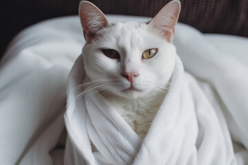 Cat In White Bathrobe Lying On His Back At The Spa, View From Above. Generative AI