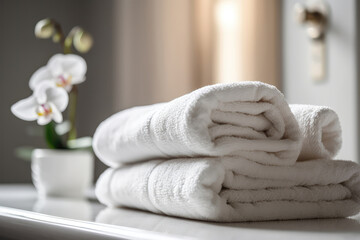 Obraz na płótnie Canvas Fluffy White Towels Rolled Up On Spa Shelf. Generative AI