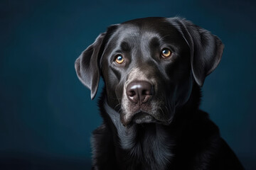 Black Labrador Retriever On Blue Background. Generative AI