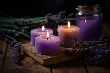 Obraz na płótnie Canvas Soothing Lavender Oil And Candles On Wooden Surface. Generative AI