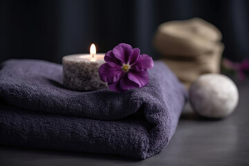 Obraz na płótnie Canvas Spa Set With Towel, Stone, Candle And Flowers, Purple. Generative AI