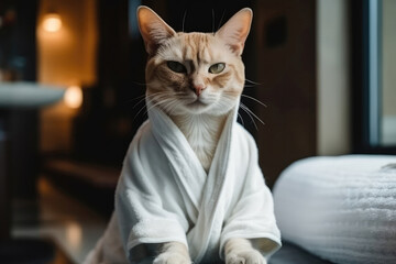 Cat In White Bathrobe At The Spa. Generative AI