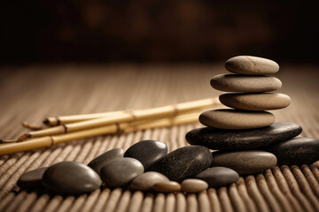 Zen Stones Balanced On Bamboo Sticks Against Sand Background. Generative AI