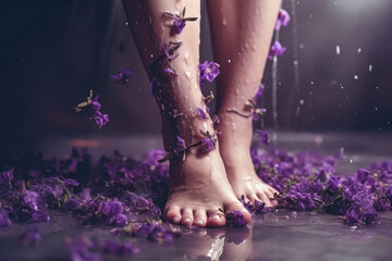 The Legs Of Woman With Purple Flowers By A Shower Of Water. Generative AI