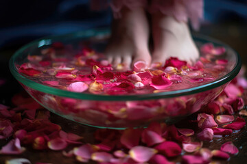 Womens Feet In Rose Petal Bowl With Water, The Foot Spa Is Beautiful.. Generative AI