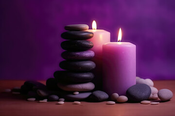 Obraz na płótnie Canvas Zen Stones Stacked On Top Of Each Other Next To Beautiful Candles Standing On Violet Background Copy Space. Generative AI