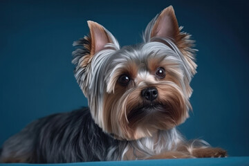 Yorkshire Terrier On Light Blue Background. Generative AI