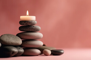 Obraz na płótnie Canvas Zen Stones Stacked On Top Of Each Other Next To Beautiful Candle Standing On Light Pink Background Copy Space. Generative AI