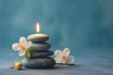 Obraz na płótnie Canvas Zen Stones Stacked On Top Of Each Other With Small Flowers Next To Crisscross Candle Standing On Light Blue Background Copy Space. Generative AI