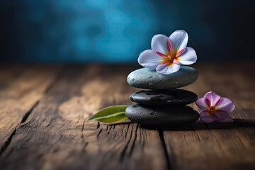 Naklejka na ściany i meble Zen Stones Stacked On Top Of Each Other With Small Flowers Standing On Wooden Background Copy Space. Generative AI