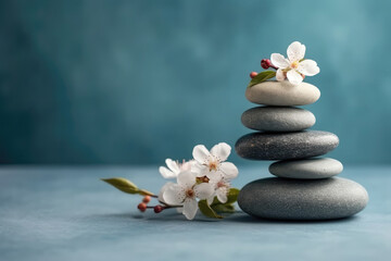 Zen Stones Stacked On Top Of Each Other With Small Flowers On Light Blue Background Copy Space. Generative AI