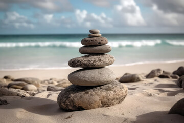Fototapeta na wymiar Zen Stones Stacked On Top Of Each Other Standing On White Sand. Generative AI