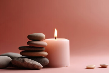 Fototapeta na wymiar Zen Stones Stacked On Top Of Each Other Next To Beautiful Candle Standing On Light Pink Background Copy Space. Generative AI