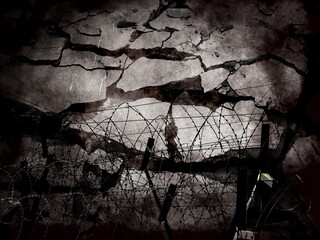 Double exposure barbed wire silhouette shadows. Describe the cruelty of war. The determination of soldiers to defend their home and country. Basemap or background use.
