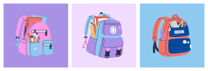 Set of three school backpack and schoolbag. Collection of children bags with stationery, textbooks. Hand drawn vector illustration isolated on colorful background. Modern trendy flat carto