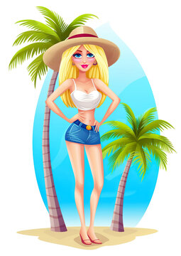 Pretty woman in swimsuit vacationing on the beach. Tourism, relaxation recreation concept. Palm tree beach AI generated illustration.