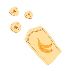 Dried banana chips icon, vector doodle illustration of healthy fruit snack, sugar-free dehydrated banana chunks, vegan sweet food to buy, isolated colored clipart on white background