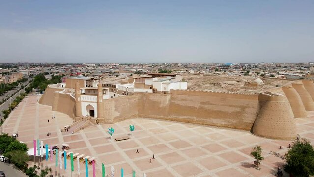 Bukhara, Uzbekistan aerial panoramic view of The Ark of Bukhara. The Ark citadel is an ancient massive fortress located in Bukhara city