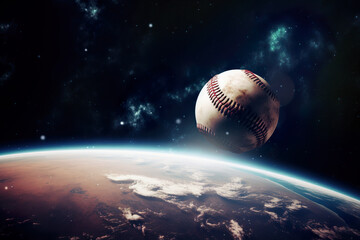 Baseball flying in space with the earth in the background (generative AI)	
