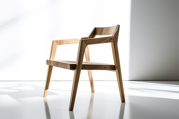 Fototapeta na wymiar Chair with wooden arms, neutral white background, interior design, minimalist style (generative AI) 