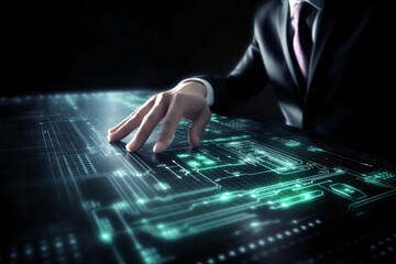 Fototapeta premium Efficient Virtual Operations, Businessman Typing on Virtual Keyboard made with Generative AI