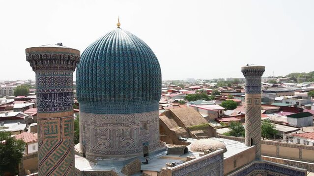 Samarkand, Uzbekistan aerial view of  Gur-e-Amir - a mausoleum of the Asian conqueror Timur (also known as Tamerlane). Famous travel destination in Uzbekistan