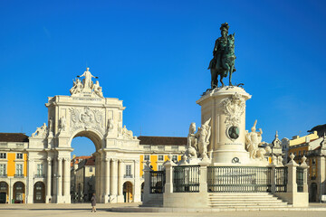 View on the Commerce Plaza or Terreiro do Paco and statue of King Jose I in Lisbon, Portugal.