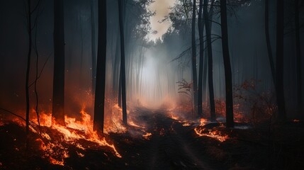 View on a forest road in fire and trees in smoke. Generated ai.
