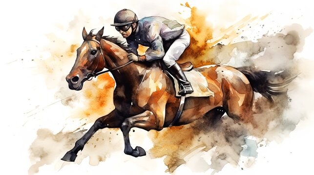 Jockey on a brown horse watercolor image. Generated ai.