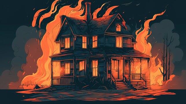 Illustration of a country house buning in fire. Cartoon style. Generated ai.