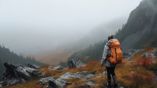 Woman with orange backpack hikind in a mountains. Generated ai.